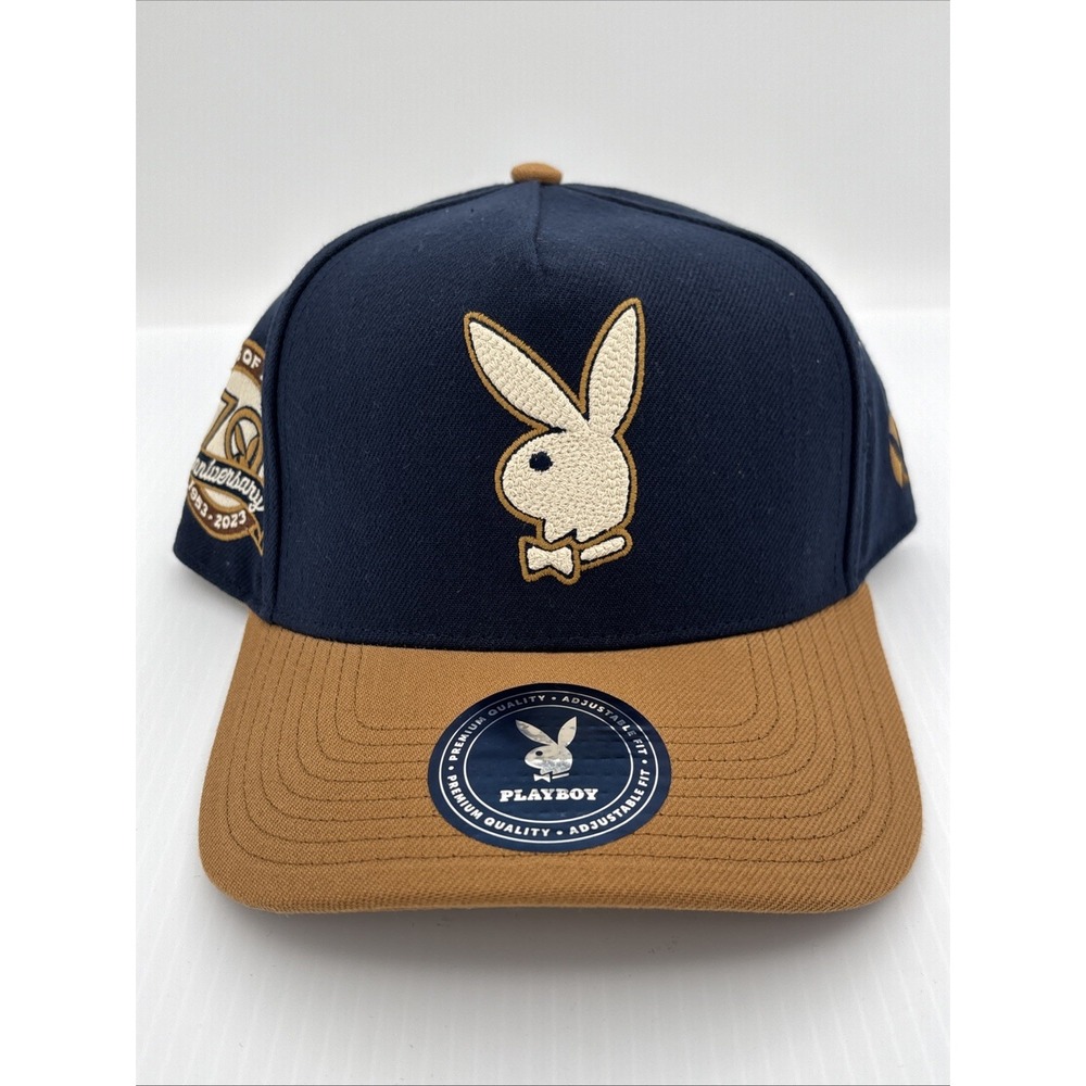 Playboy 70th Anniversary Snapback Hat Navy Wheat Tan Lids Bunny Logo Cap